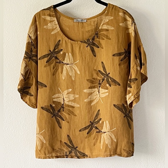 Elena Baldi Tops - Elena Baldi Linen Lagenlook Brown & Gold Dragonfly Ruffled Sleeve Shirt Small